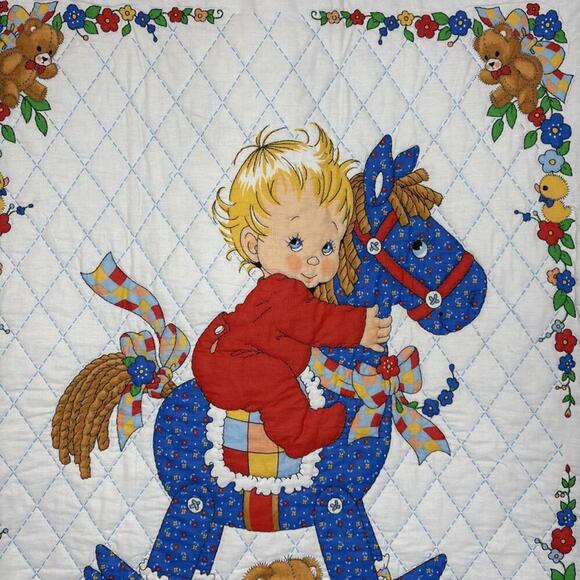Baby Boy European Swedish Inspired Rocking Horse Nursery Quilt - Picture 3 of 6